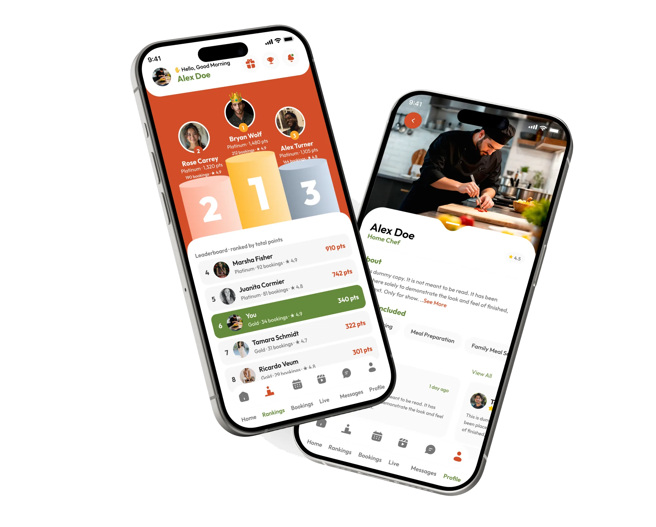 InstaChef chef rankings leaderboard and chef profile screens